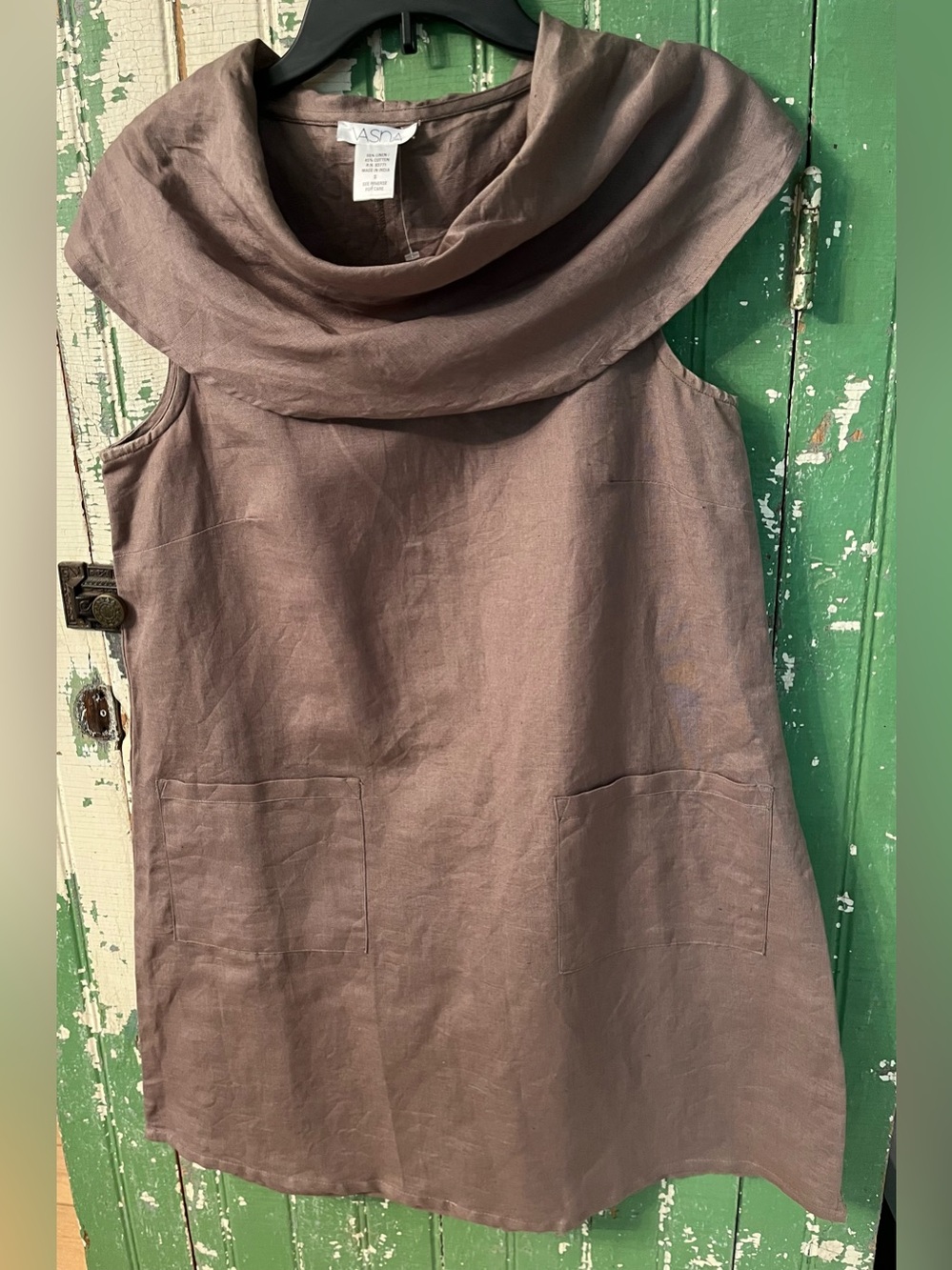 Vasna Linen Cowl Neck Sleeveless Tunic Mauve Brown Size Small